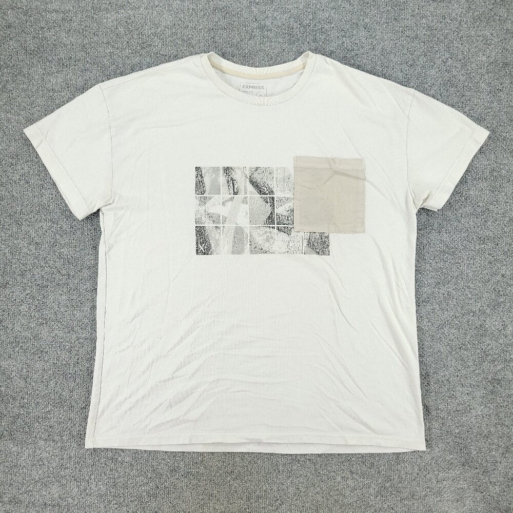 Express Shirt Men Large White Abstract Art Graphic Tee Short Sleeve Pocket Adult